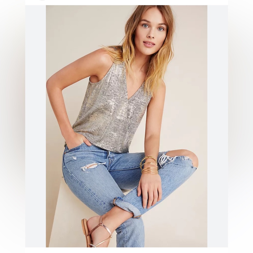 Anthropologie Metallic Silver Sleeveless V-Neck Top